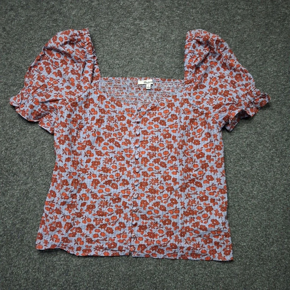 Madewell Floral Feminine Dainty Button-Front Puff Sleeve Top Blue Red Size 0